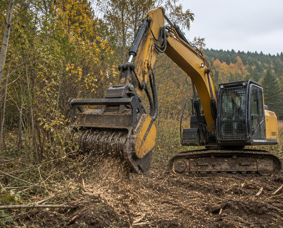 Forstmulcher beim Zerkleinern von dichtem Gestrüpp und Aufwuchs auf einer Brachfläche