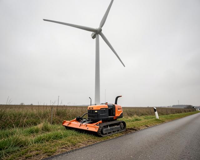 Mulcharbeiten an der Böschung eines Deponiekörpers neben einer Windkraftanlage